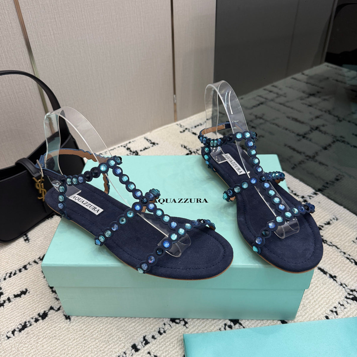 Aquazzura 26s Flat Sandals Navy Blue Suede Crystal-Embellished 610482