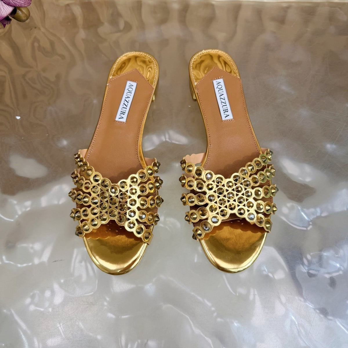 Aquazzura 26s Slides Metallic Gold Calfskin Crystal-Embellished Straps 604928