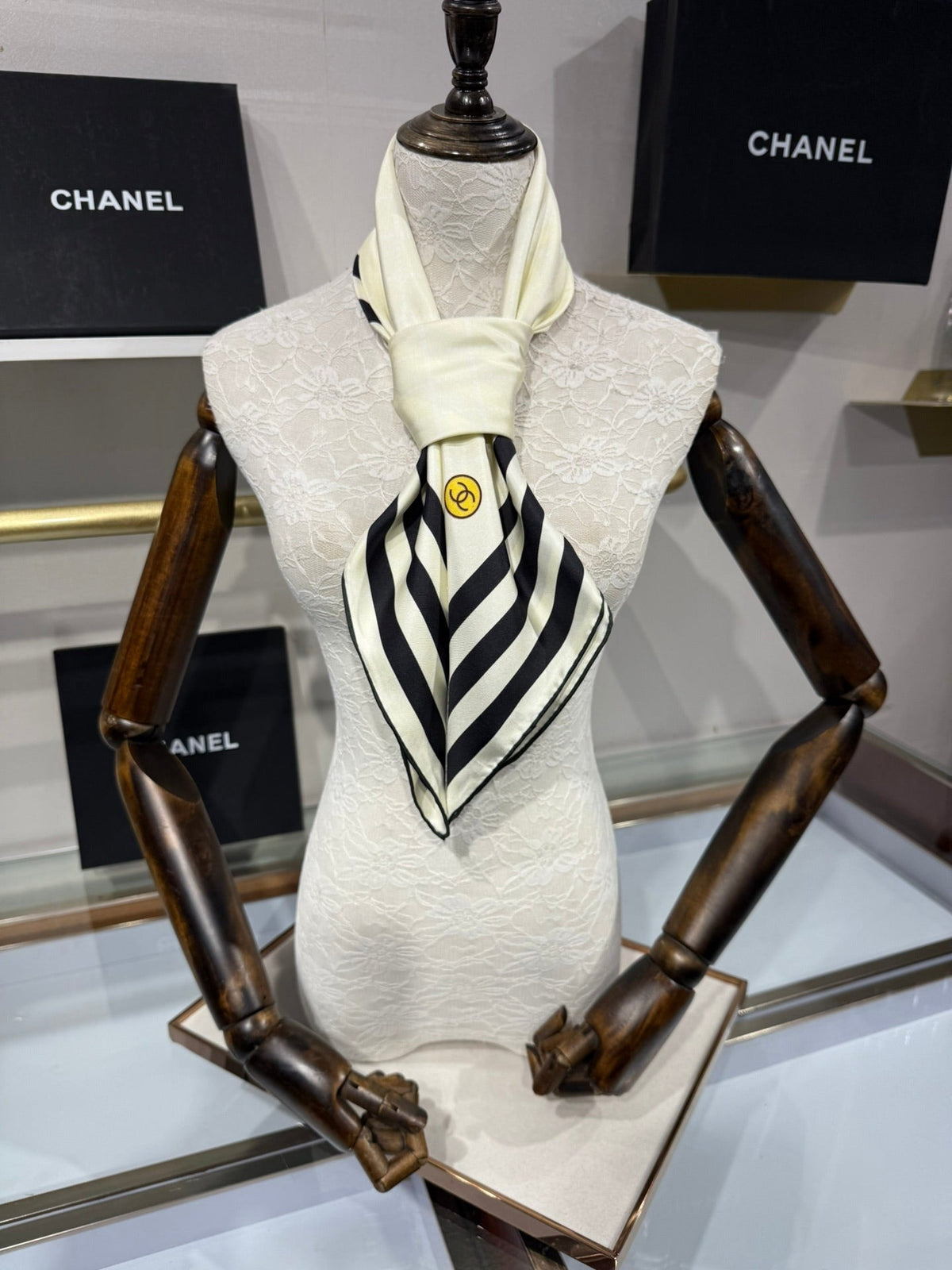 Chanel 2026 Pinstripe Scarf 90cm Black White Silk 209010