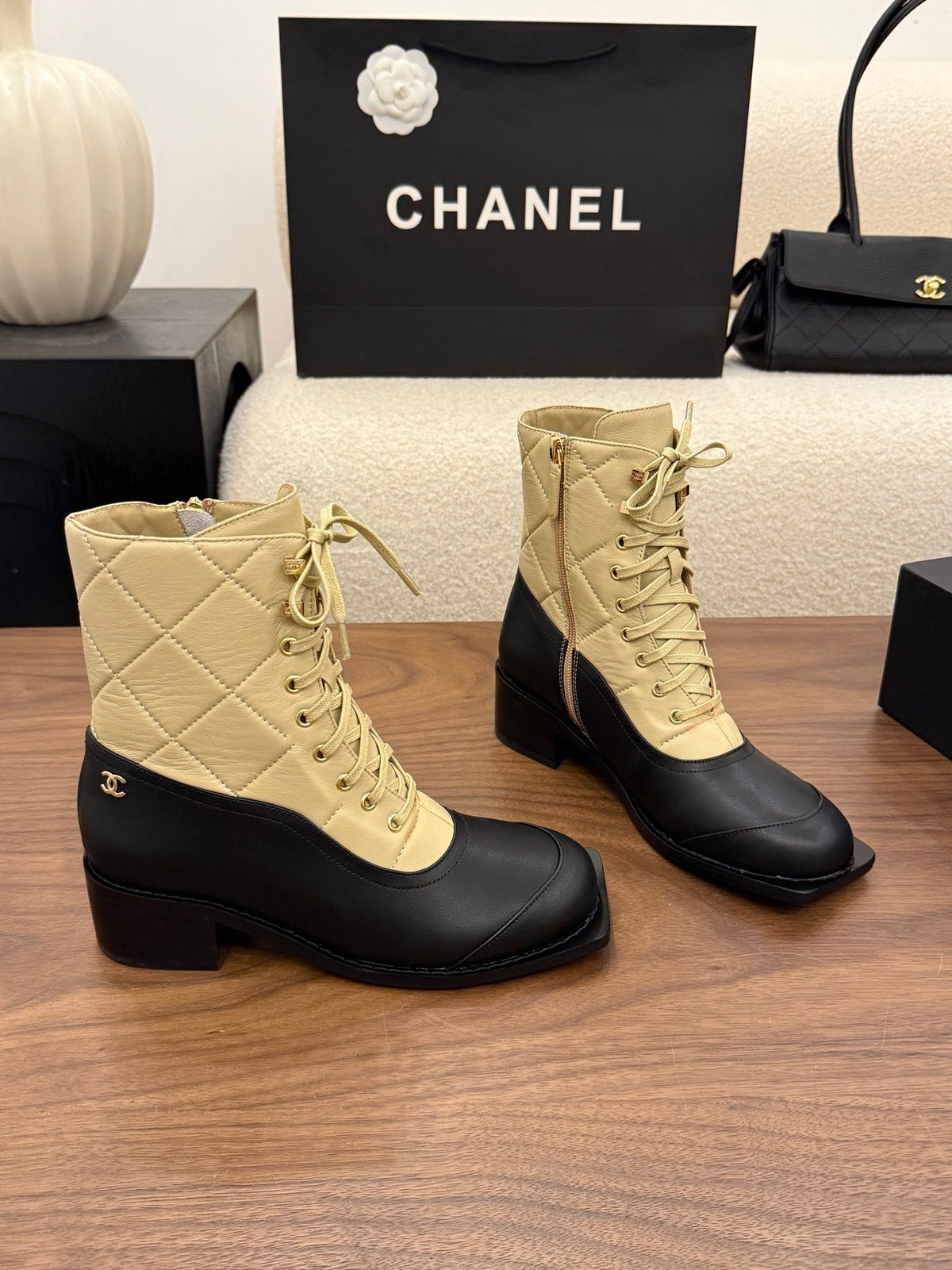 Chanel 26s Lace Up High Top Boots 4.5 Cm Black Beige Calfskin
