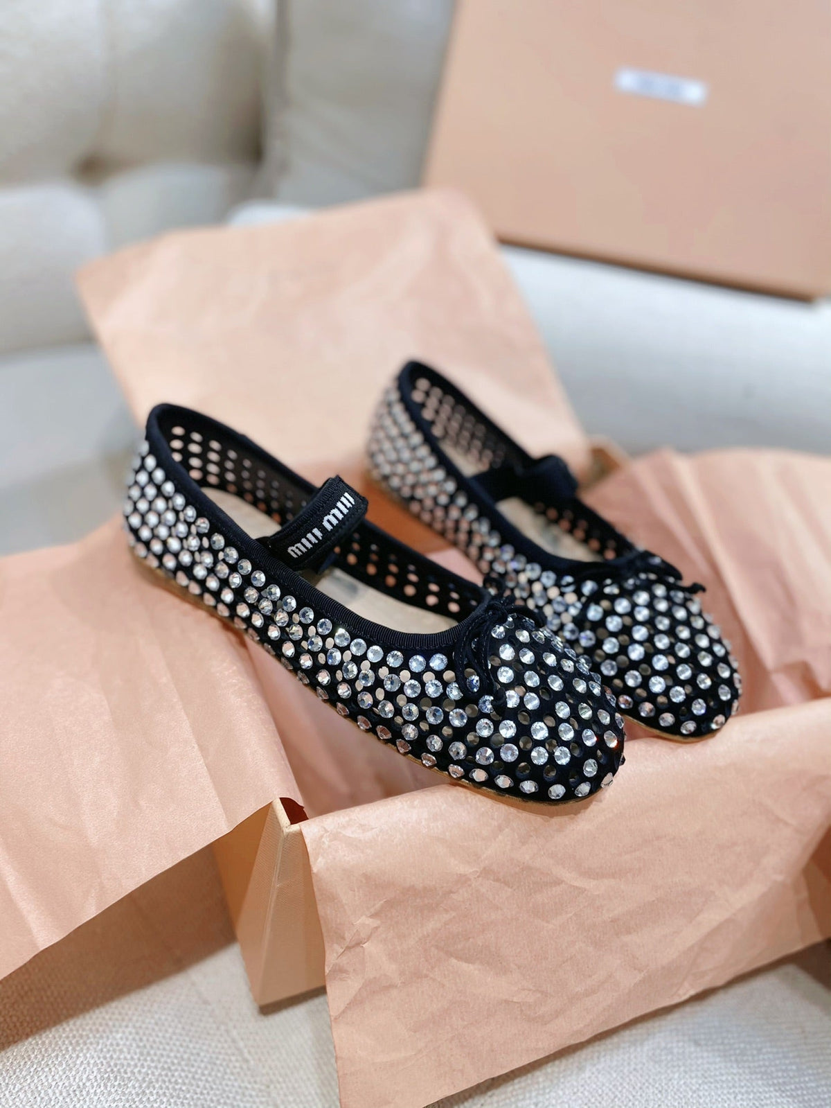 Miu Miu 2026 Crystal-Embellished Fishnet Ballet Flat Black Cowhide 155473