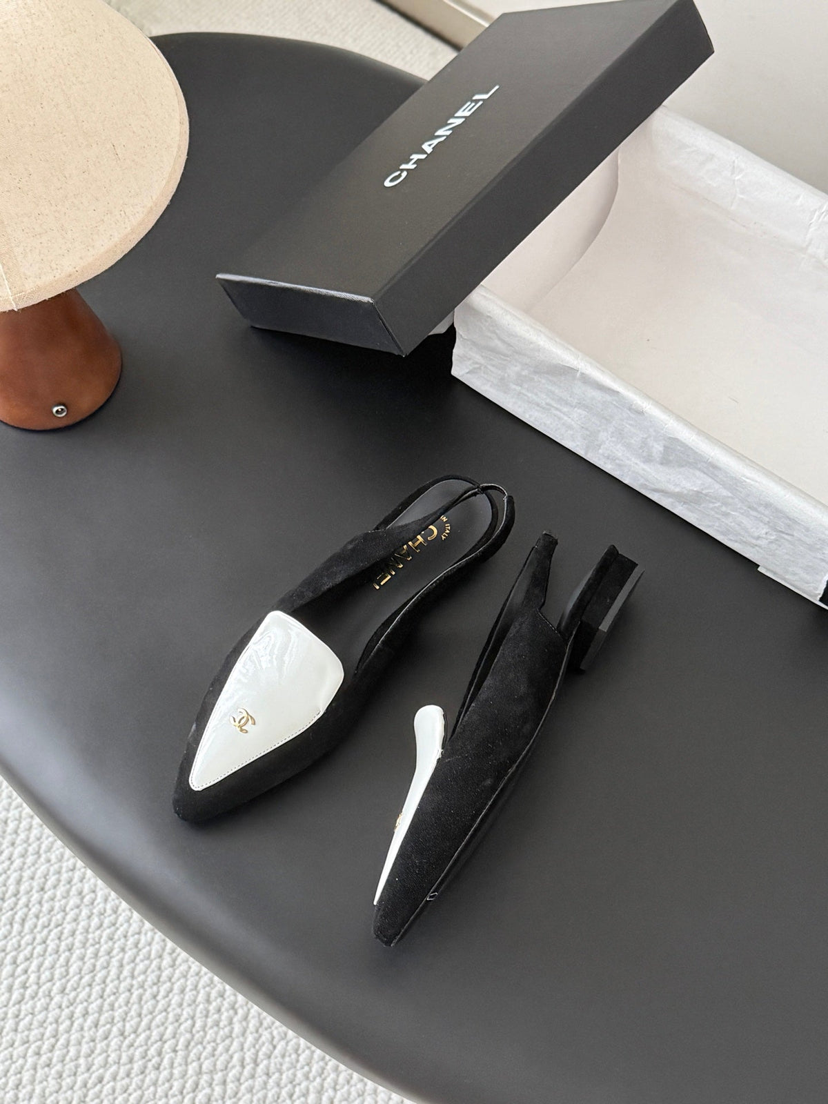 Chanel 26s Slingback Flat Black White Suede CC Logo
