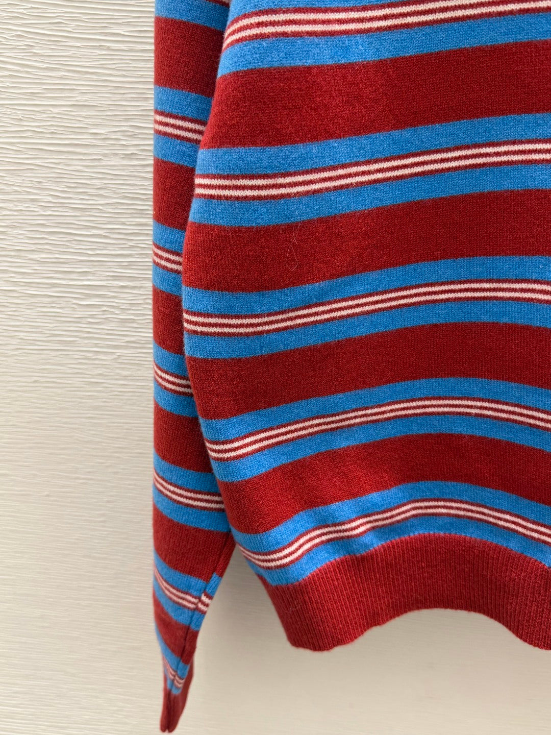 Miu Striped Knit Cardigan Round Neck Button-Front Red Blue Wool 313352