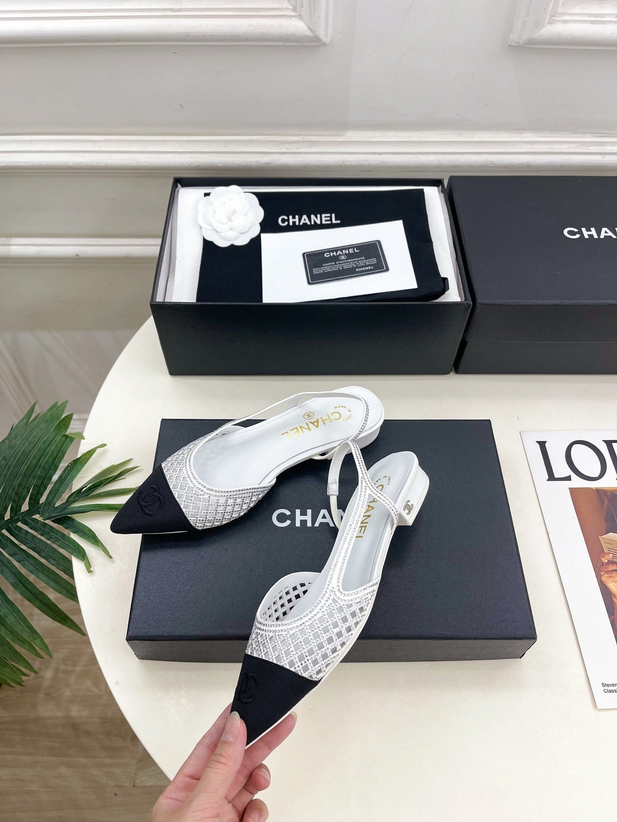 Chanel 26s Flat Pointed Toe Slingback White Mesh Black Toe Cap