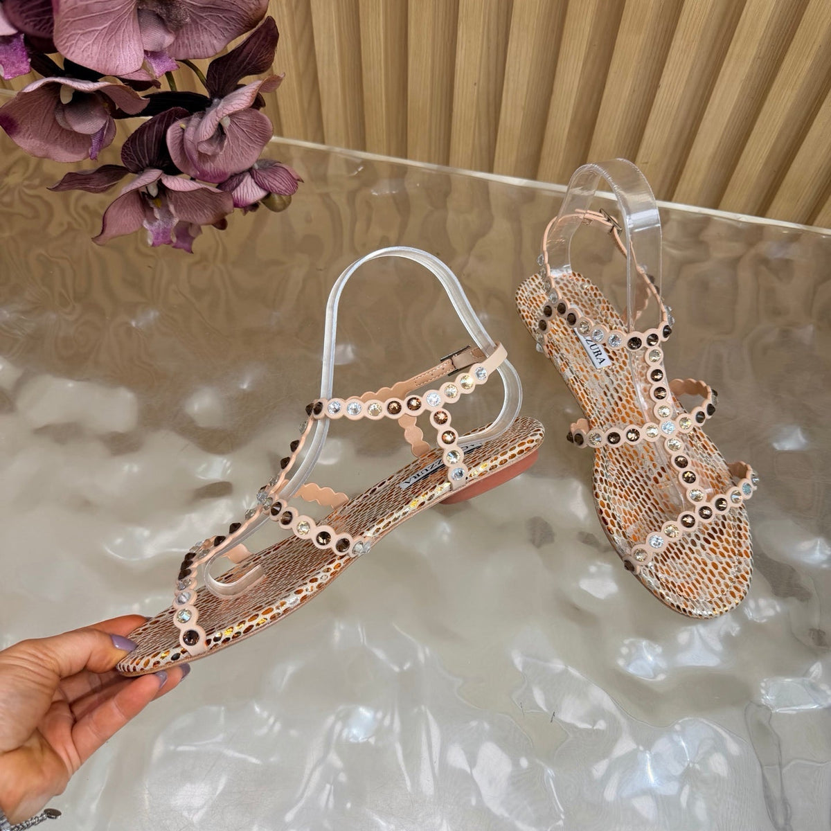 Aquazzura 26s Flat Sandals Beige Snakeskin Crystal Embellished 481953