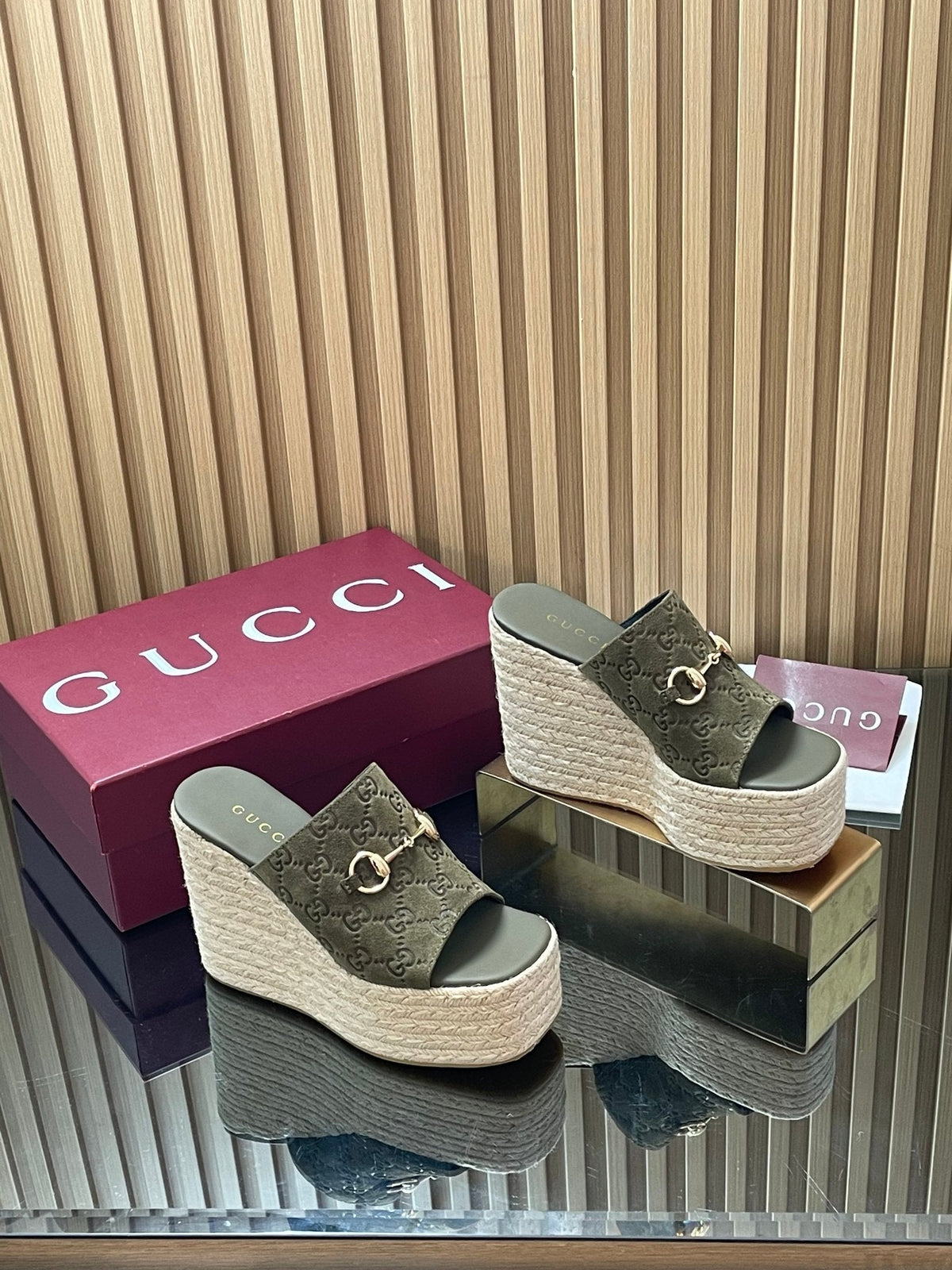 Gucci 26S Wedge Sandals 11Cm In Olive Green Suede GG Monogram
