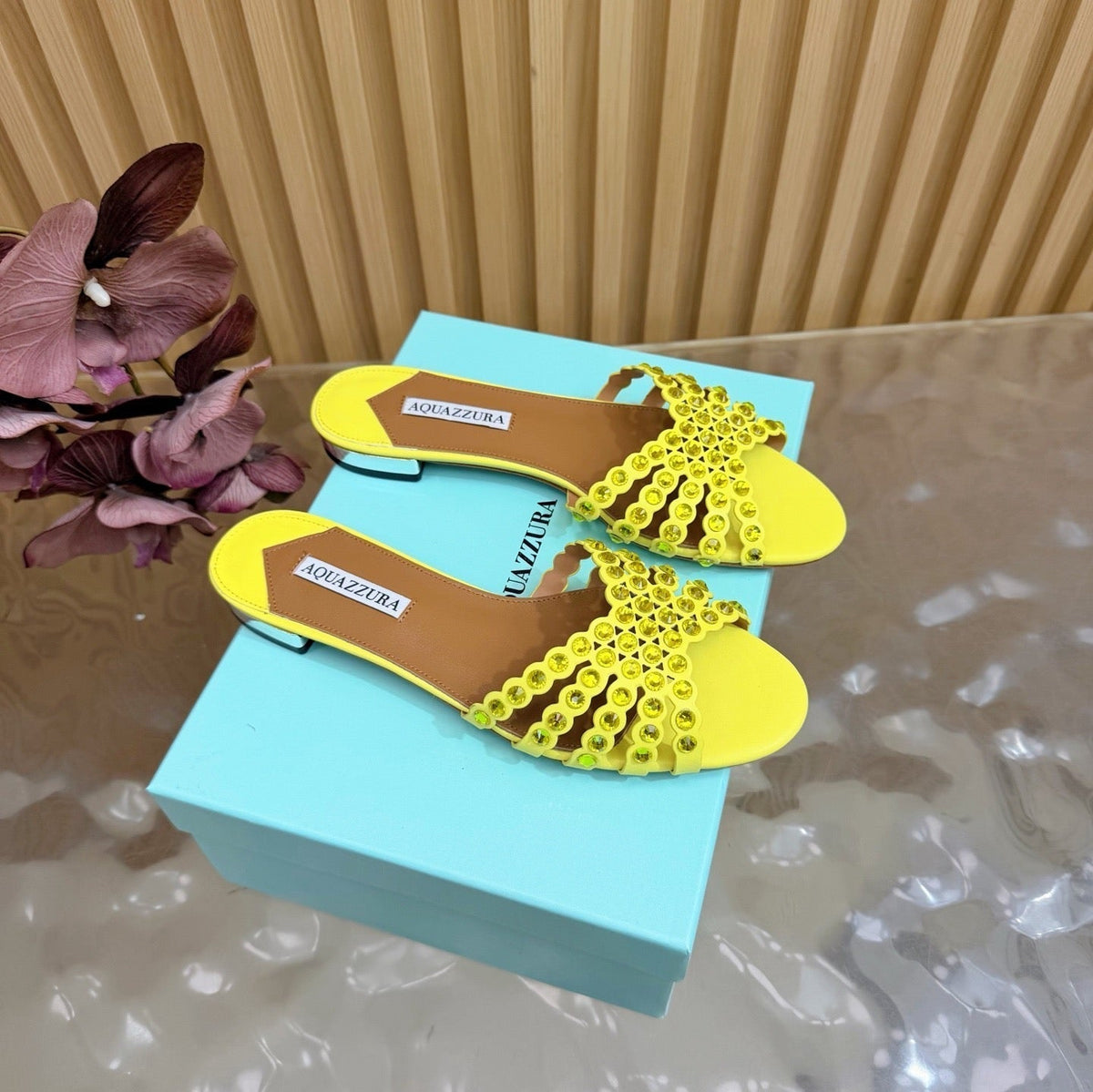 Aquazzura 26s Slides Yellow Calfskin Crystal-Embellished Straps 395104