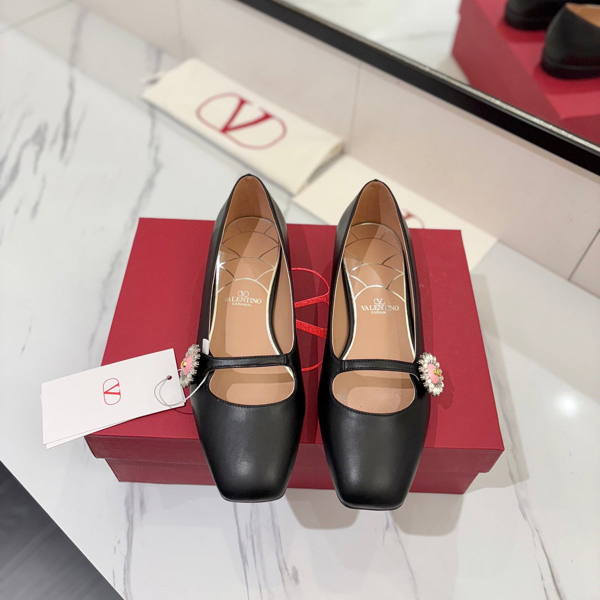 VLTN 26s Mary Jane Flats In Black Calfskin With Crystal Flower