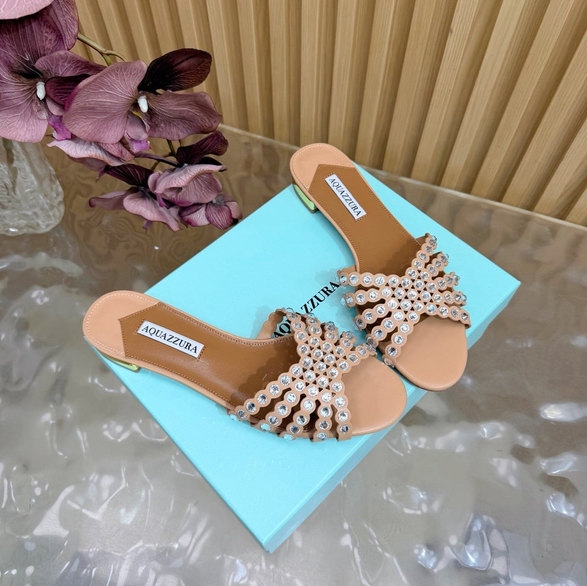 Aquazzura 26s Slides Nude Calfskin Crystal-Embellished Straps 582049