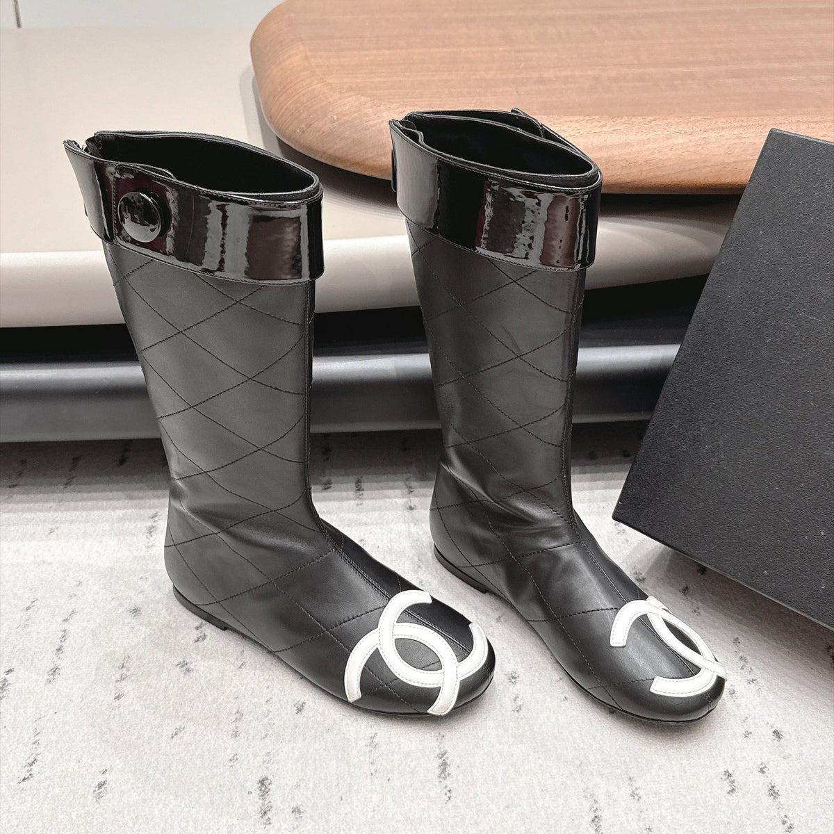 Chanel 26s Knee High Boots Black Quilted Calfskin Patent Cuff