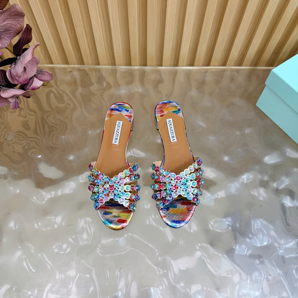 Aquazzura 26s Slides Multicolor Snakeskin Embossed Leather 924158