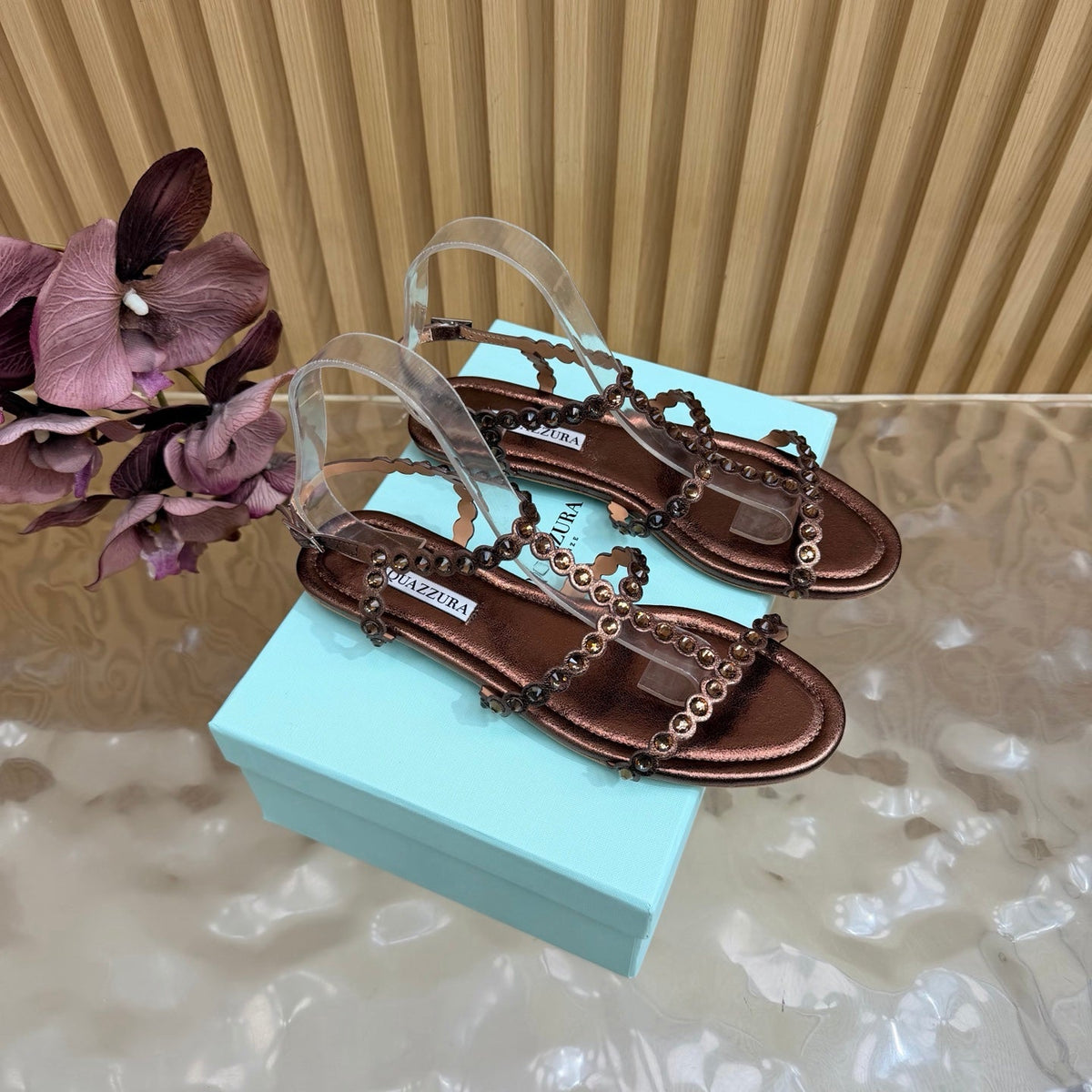 Aquazzura 26s Flat Sandals Dark Bronze Calfskin Crystal Embellished 501837