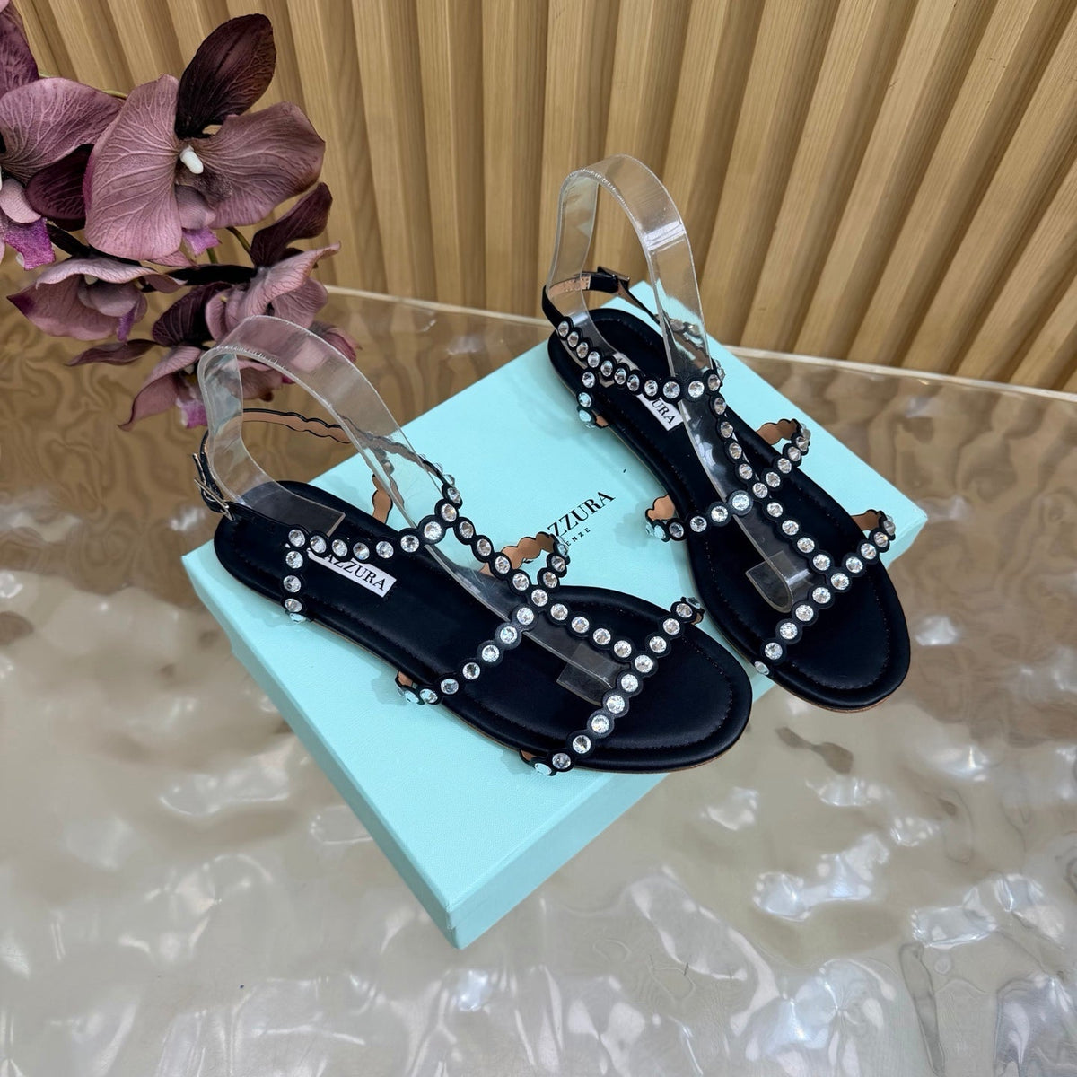 Aquazzura 26s Flat Sandals Black Calfskin Crystal Embellished 839514