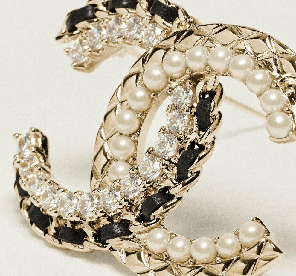 CC Brooch Gold Metal Crystal Pearl and Leather