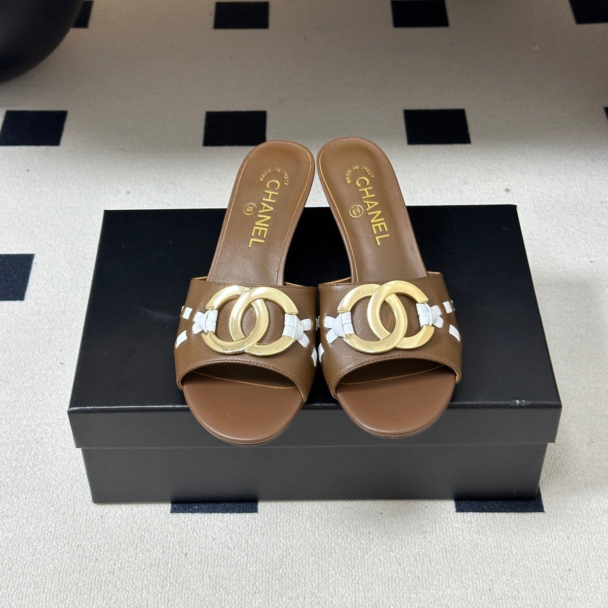 CC 26S High Heel Mule in Brown Lambskin with Gold-Tone CC Logo