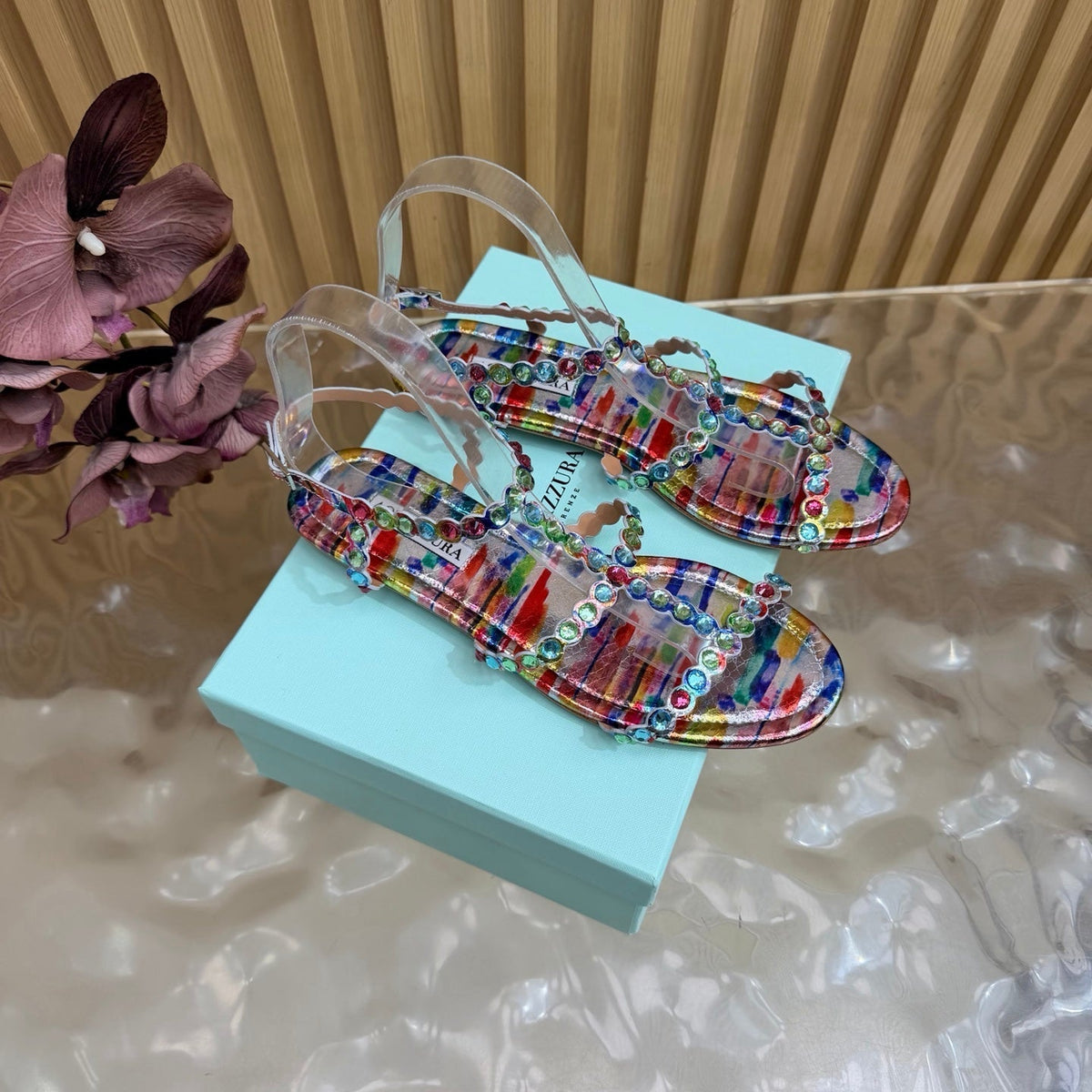 Aquazzura 26s Flat Sandals Multicolor Snakeskin Crystal Embellished 628314
