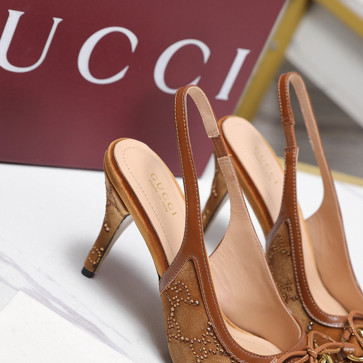 Gucci 26s Slingback Pumps 10cm Caramel Brown Velvet Gold Hardware With Bow
