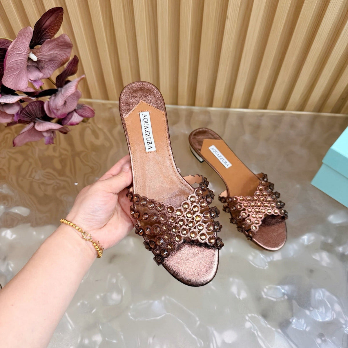 Aquazzura 26s Slides Bronze Calfskin 492015