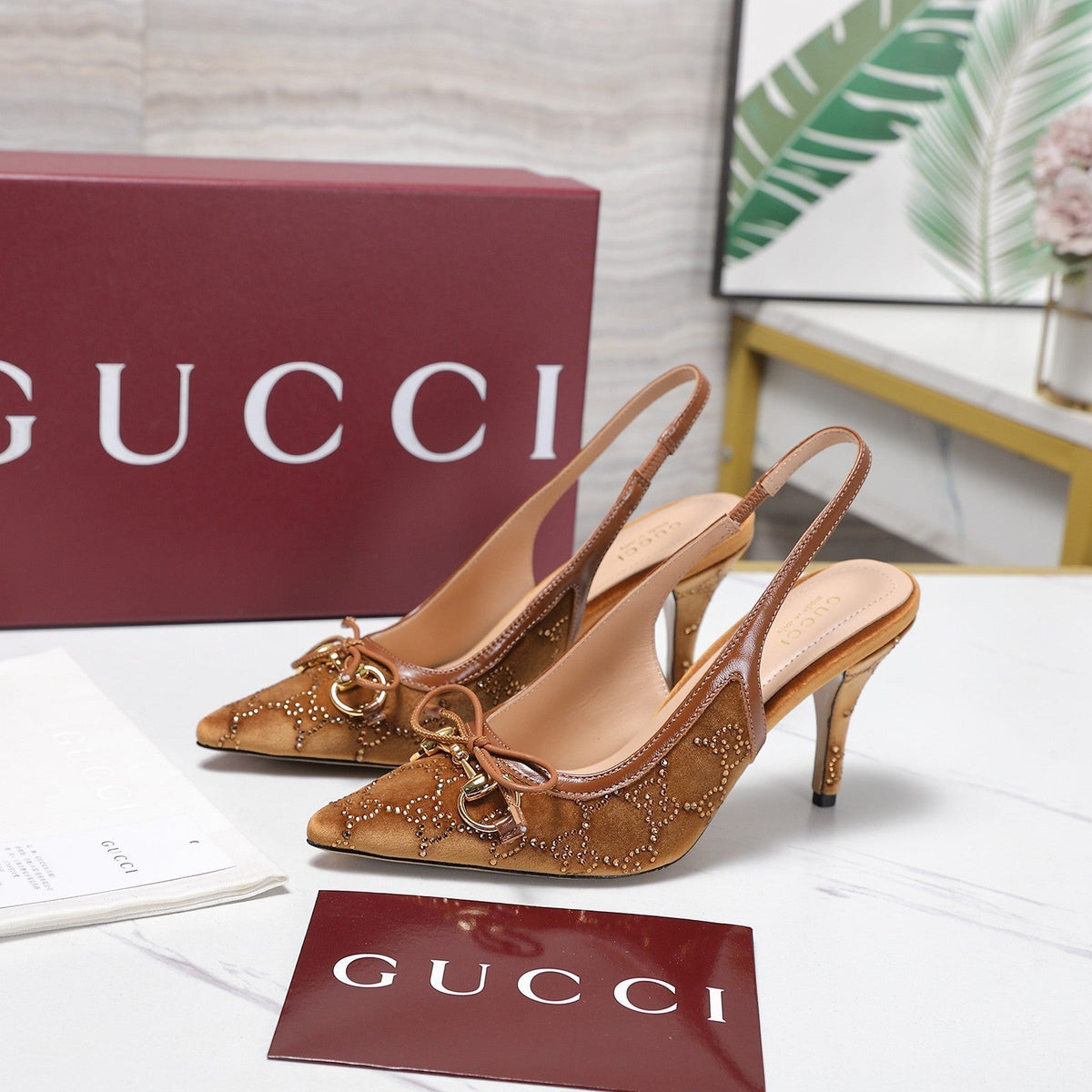 Gucci 26s Slingback Pumps 10cm Caramel Brown Velvet Gold Hardware With Bow