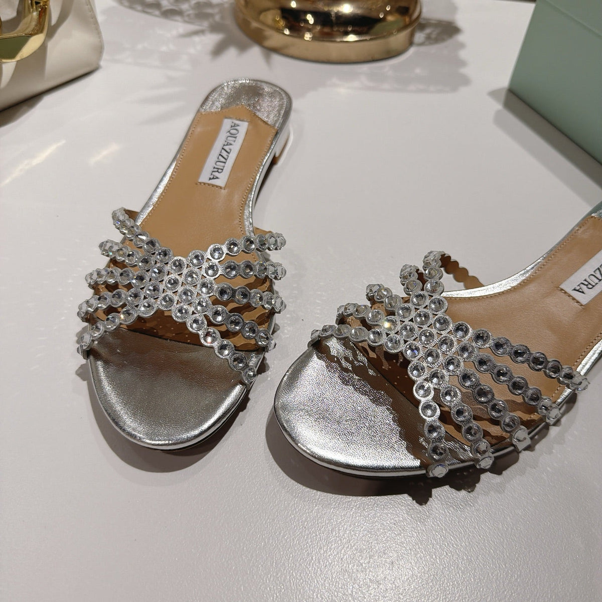 Aquazzura 26s Slides Silver Lambskin Crystal Embellished 820493