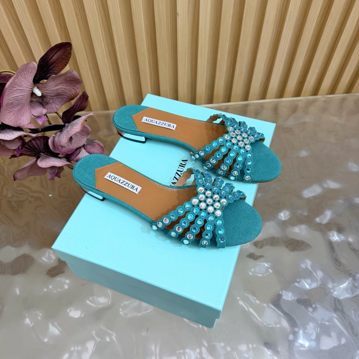 Aquazzura 26s Slides Emerald Green Suede Crystal-Embellished Straps 629154