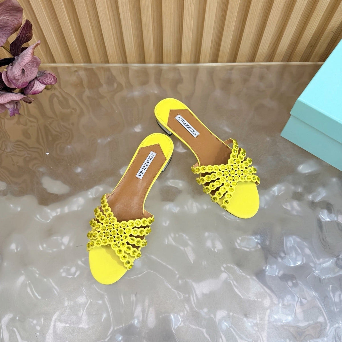 Aquazzura 26s Slides Yellow Calfskin Crystal-Embellished Straps 395104