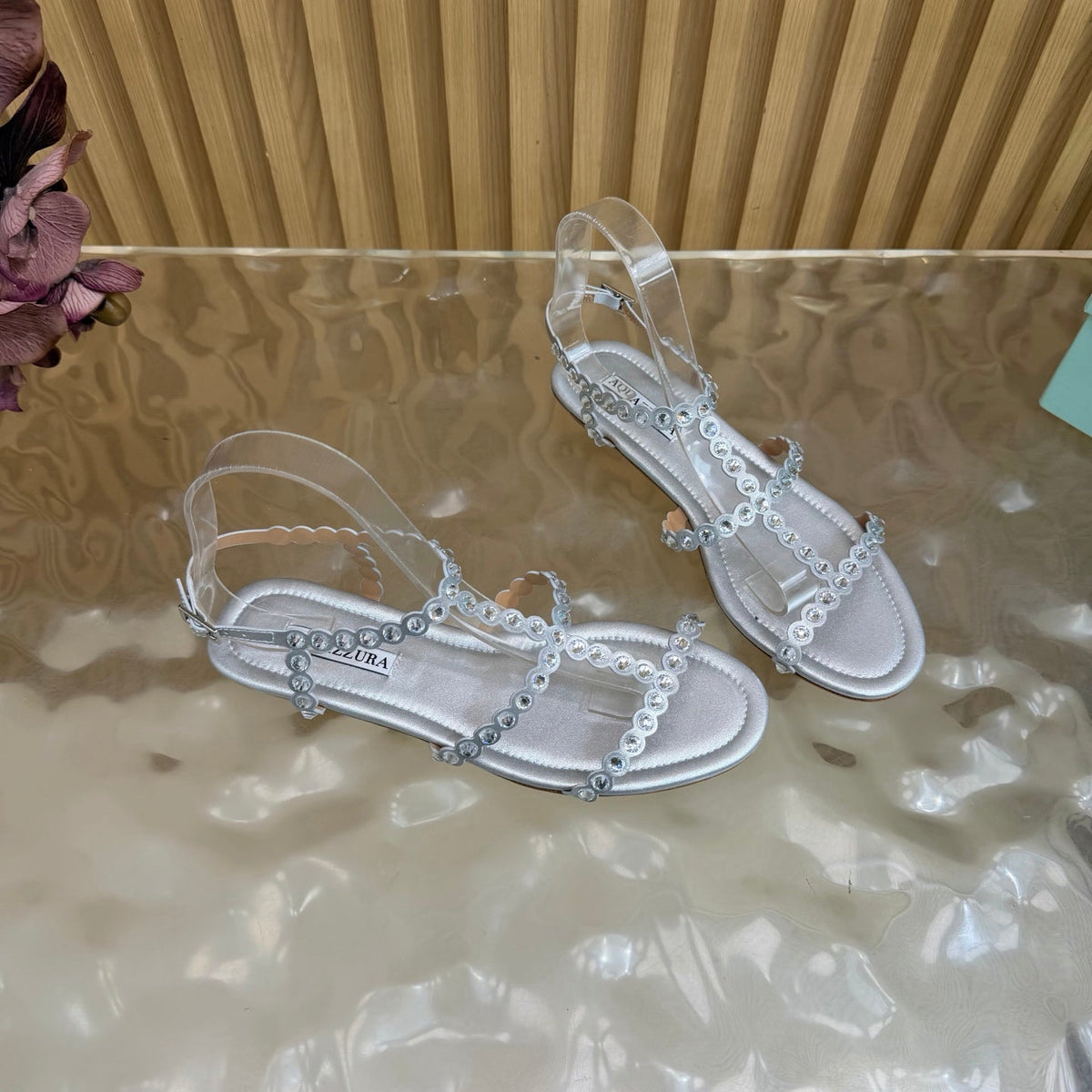 Aquazzura 26s Flat Sandals Silver Calfskin Crystal Embellished 625184
