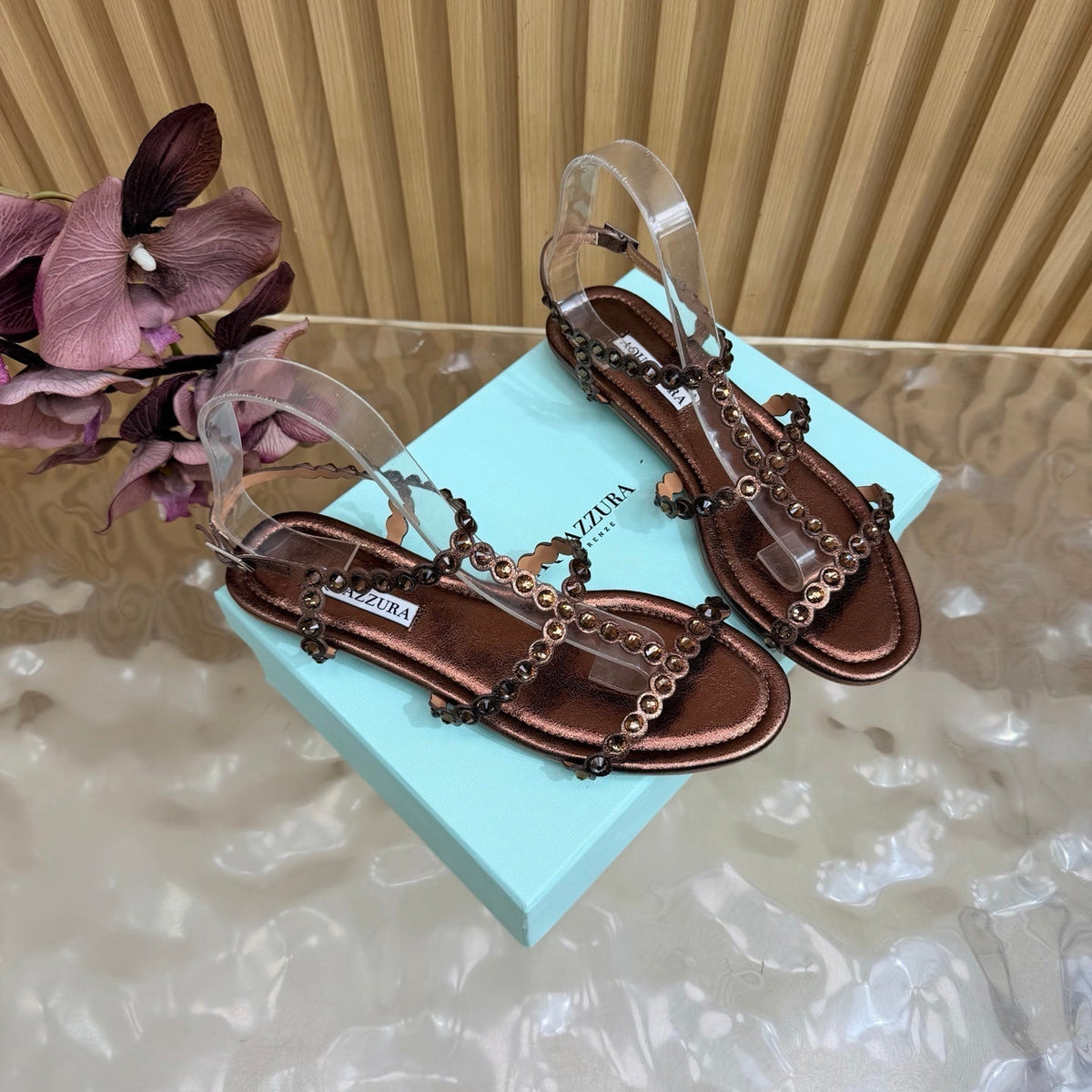 Aquazzura 26s Flat Sandals Dark Bronze Calfskin Crystal Embellished 501837