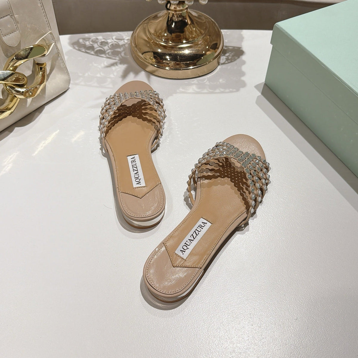 Aquazzura 26s Slides Beige Lambskin Crystal Embellished 619582