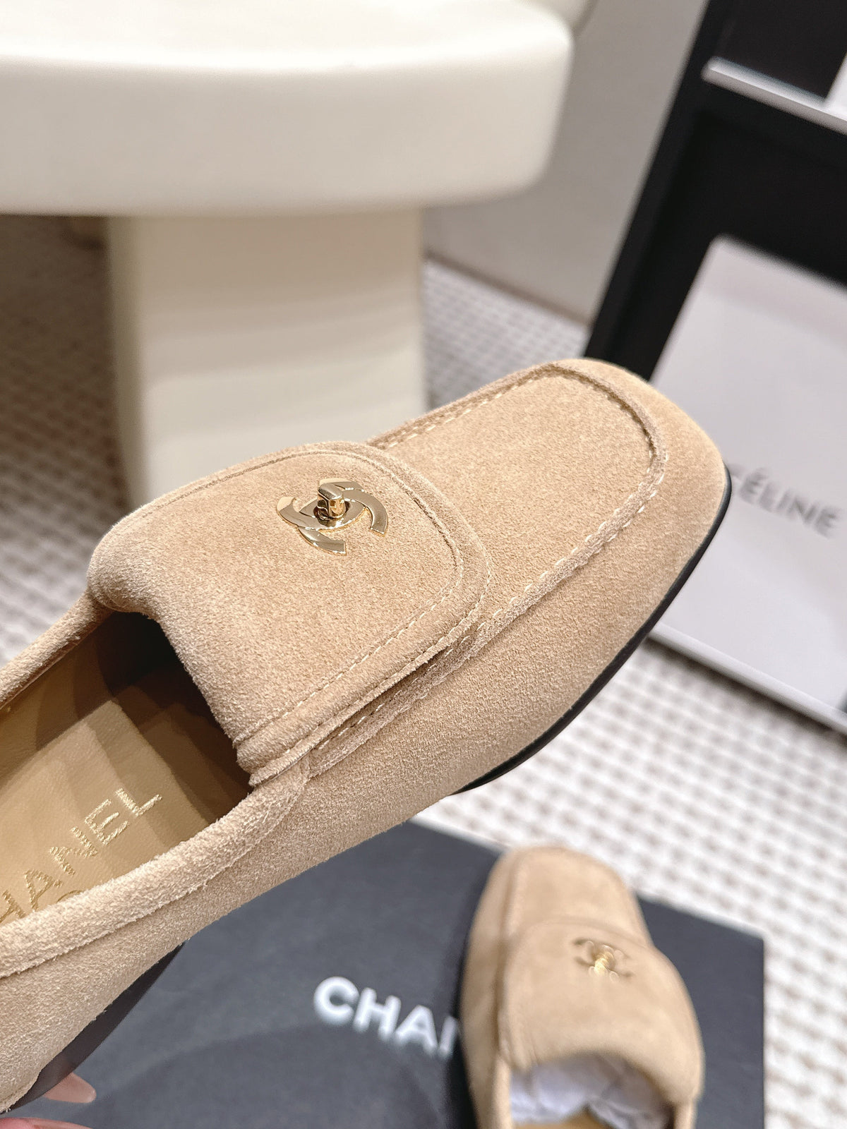 CC 26S Loafers in Beige Suede with Gold-Tone CC Logo