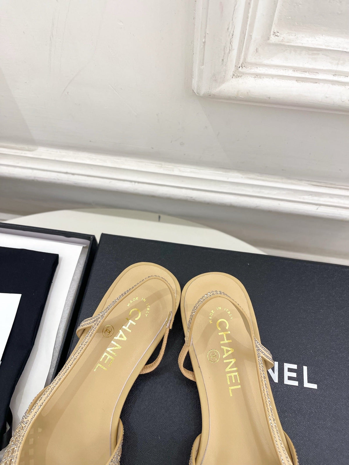 Chanel 26s Flat Pointed Toe Slingback Beige Mesh Black Toe Cap