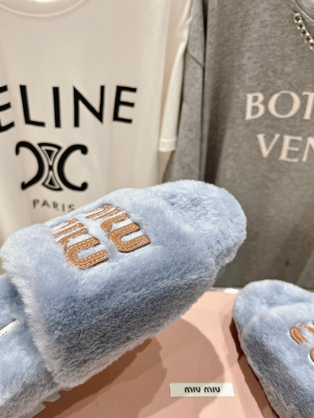 Miumiu 26s Flat Slides Pastel Blue Shearling