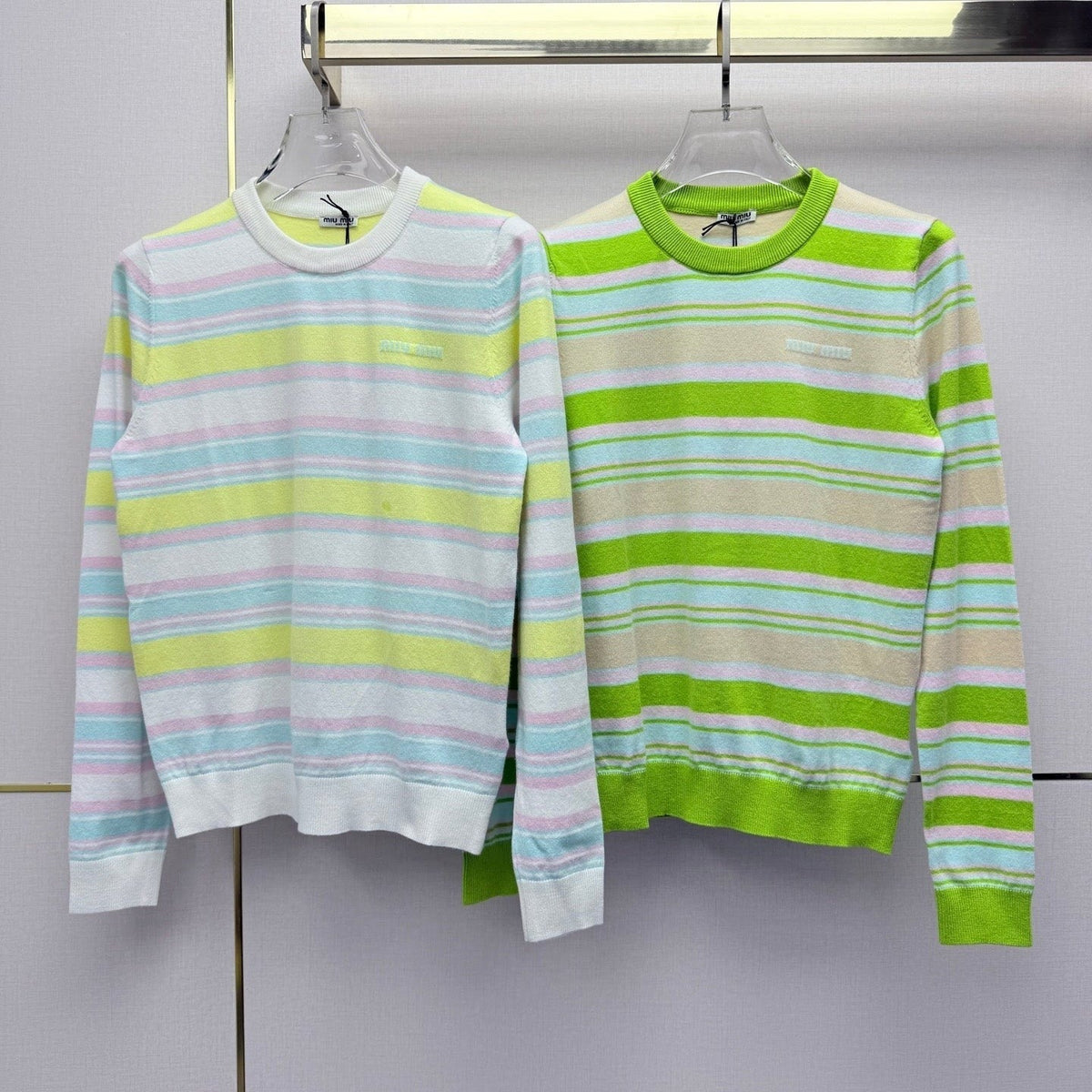 Miu 26SS Multi-Stripe Crewneck Sweater Pastel Multicolor Wool 437565