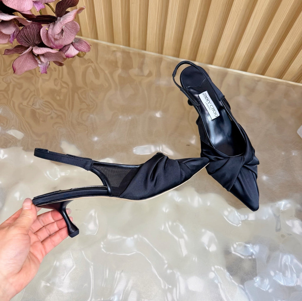 Jimmy Choo 26S Slingback Heels 6.0cm Black Satin With Knot Detail 529148