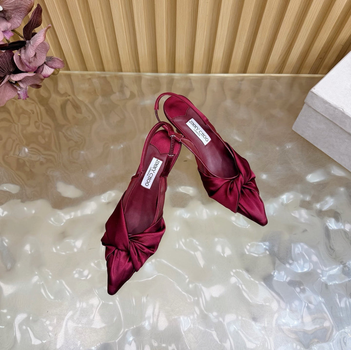 Jimmy Choo 26S Slingback Heels 6.0cm Dark Red Satin With Knot Detail 384192