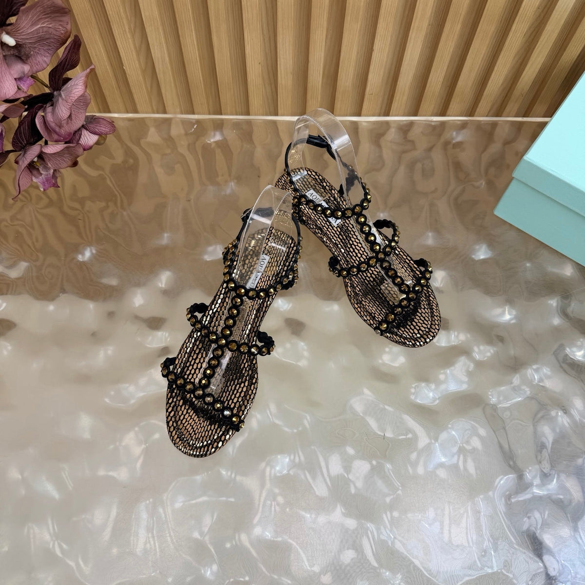 Aquazzura 26s Flat Sandals Bronze Metallic Snakeskin Crystal Embellished 739415