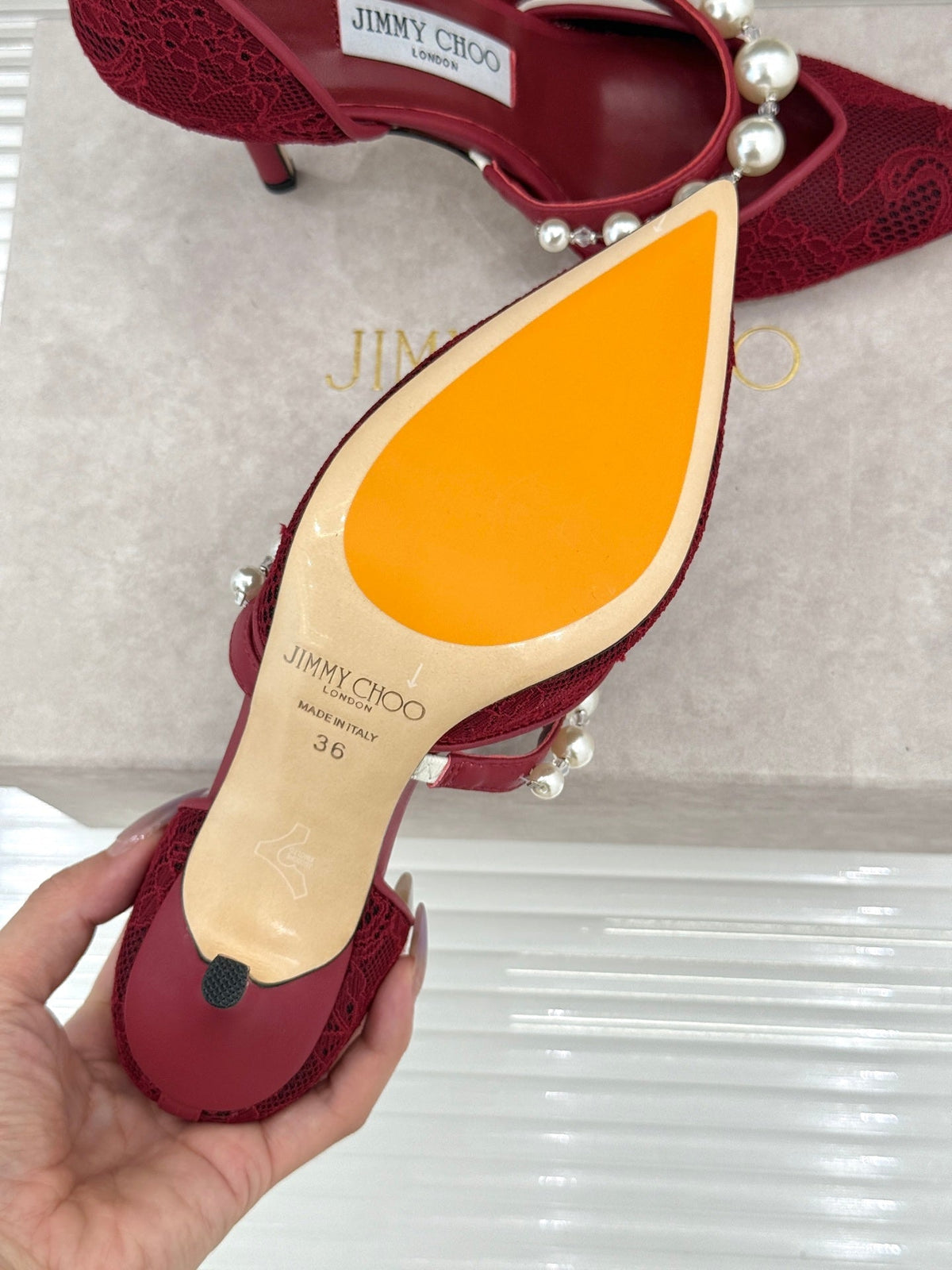 Jimmy Choo 26S High Heels 8.5cm Dark Red Lace Pearl-Embellished 629147