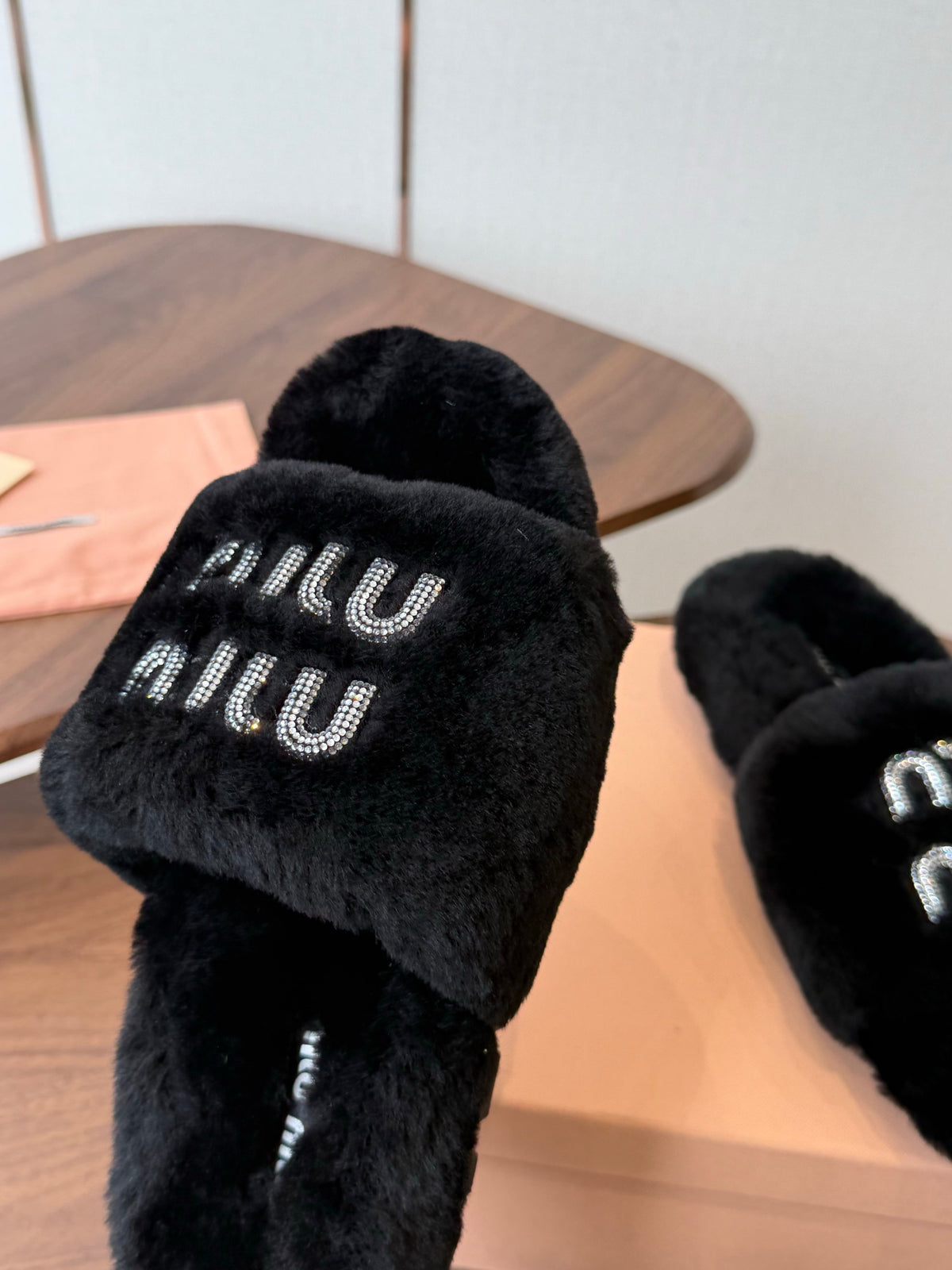 Miumiu 26s Crystal Logo Slides Black Shearling
