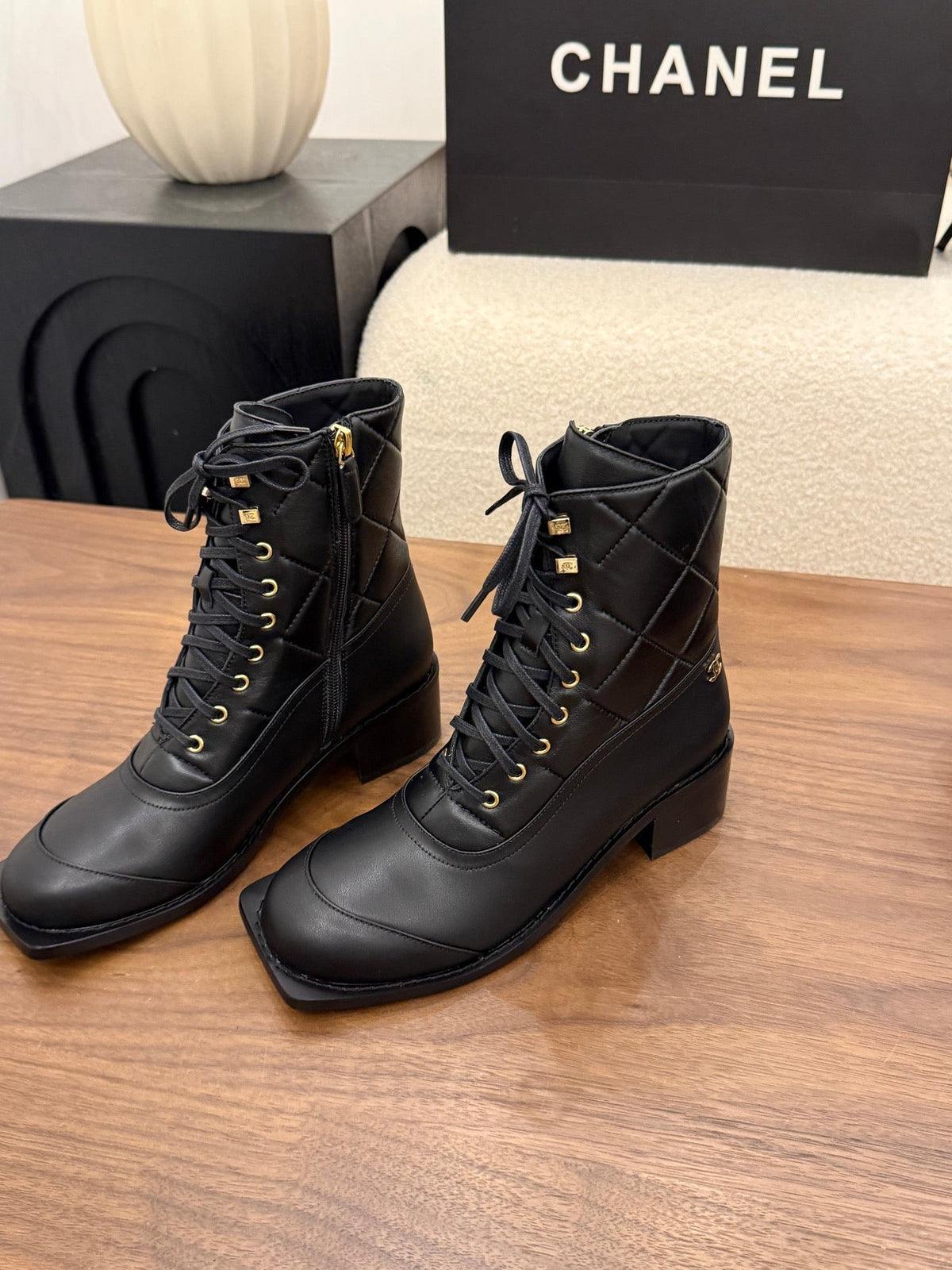 Chanel 26s Lace Up High Top Boots 4.5 Cm Black Calfskin