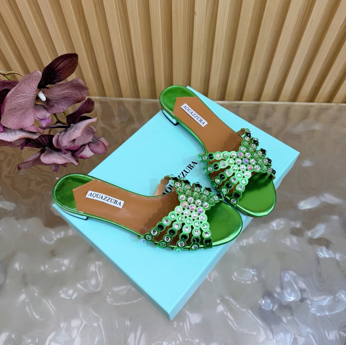 Aquazzura 26s Slides Green Lambskin Crystal Embellished 741935