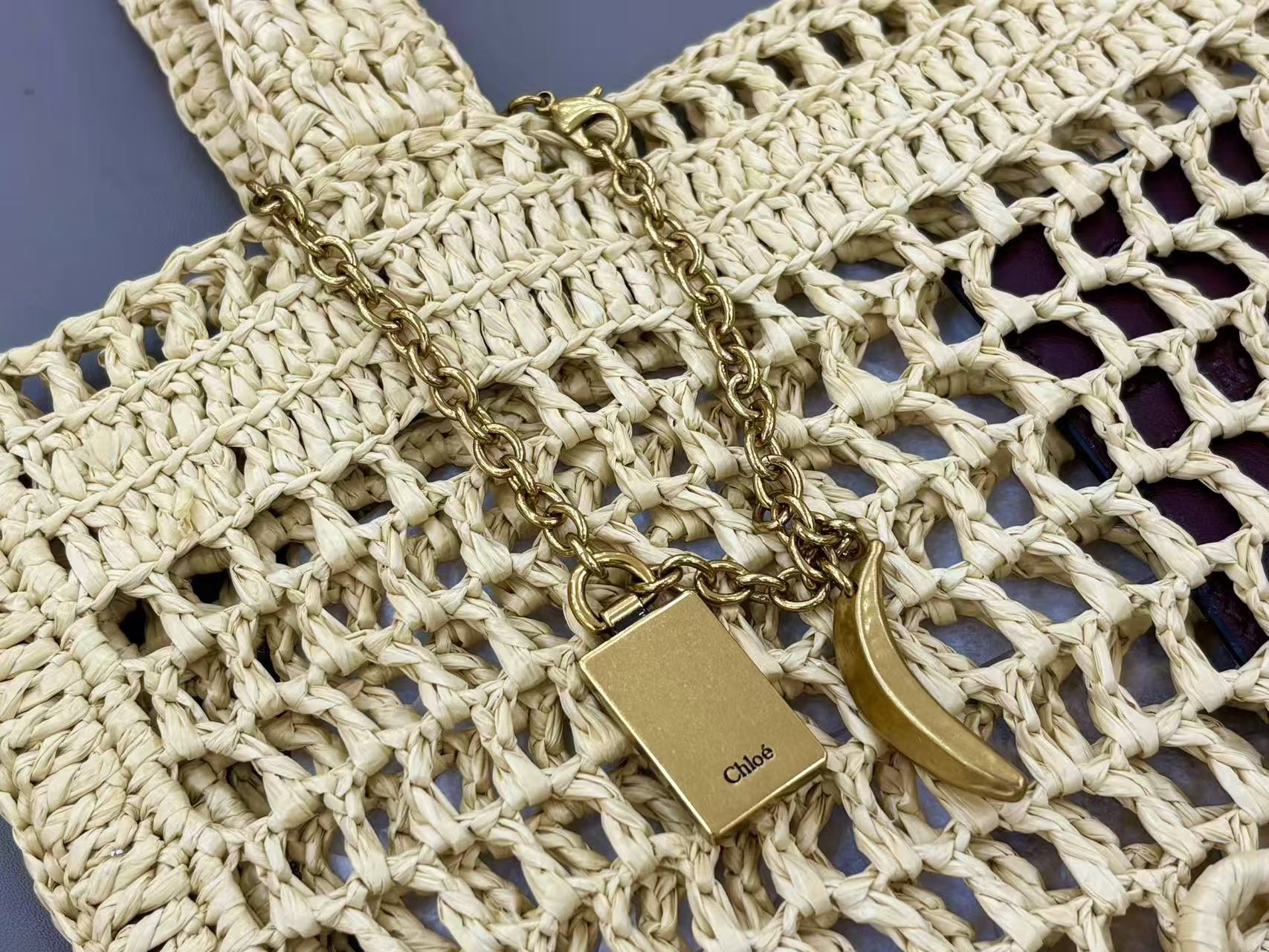 Chloé Summer Banana Crochet Tote Bag Raffia With Leather Trim