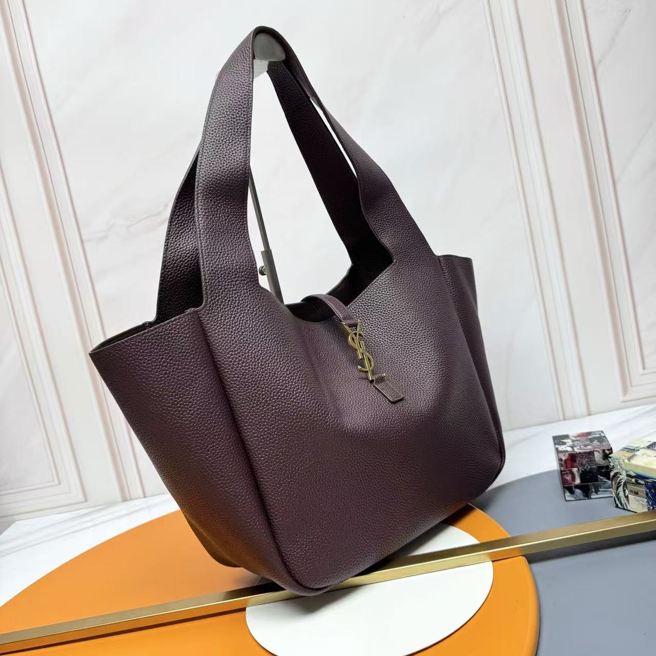 YSL Le 5 À 7 Bea Hobo Bag Dark Brown Grained Leather