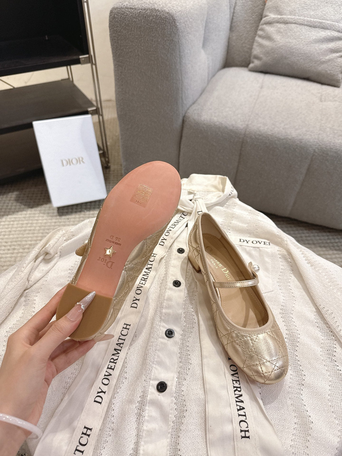 Dior 26s Mary Jane Pumps Gold Lambskin Pearl-Adorned Strap