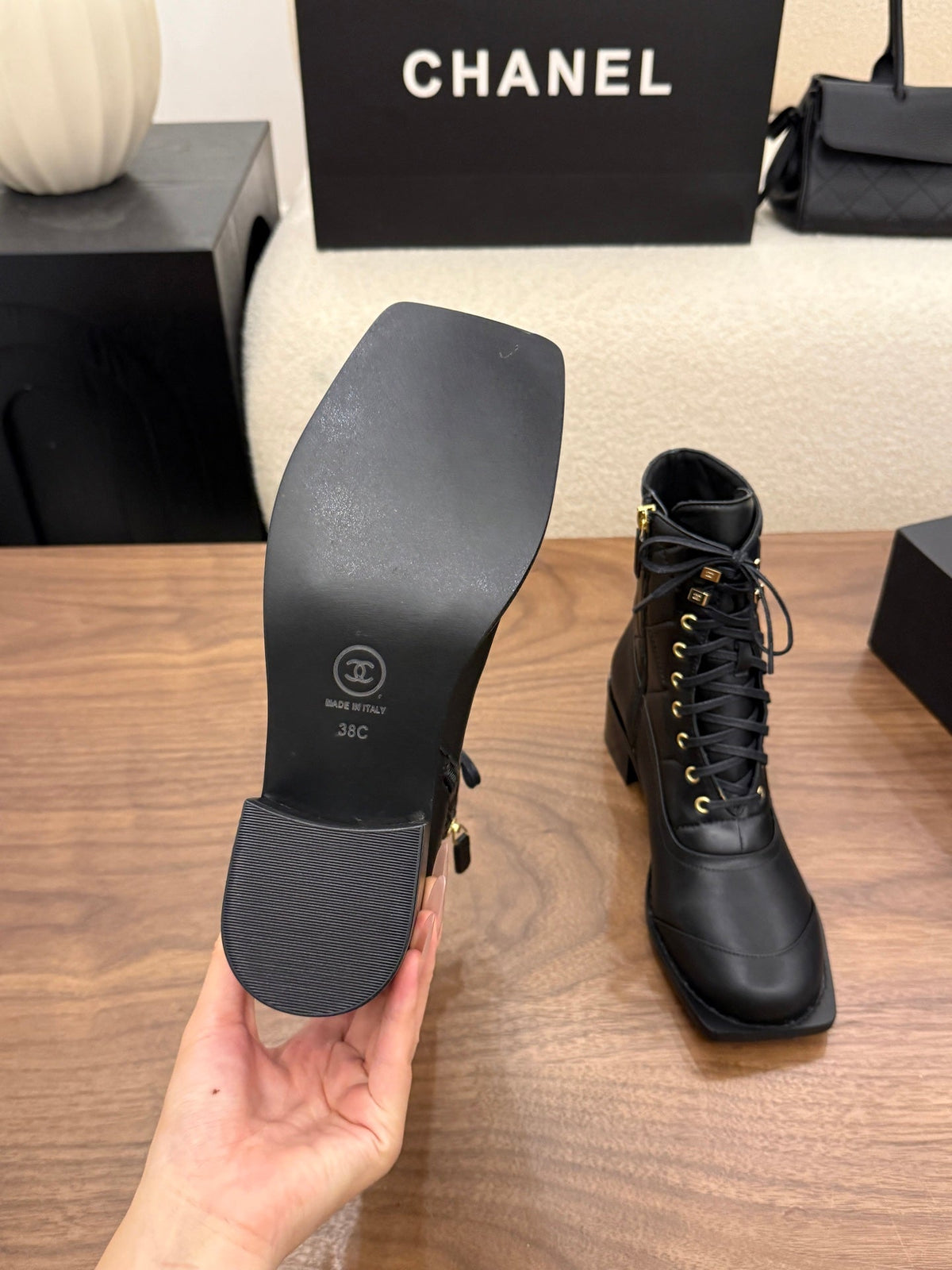 Chanel 26s Lace Up High Top Boots 4.5 Cm Black Calfskin