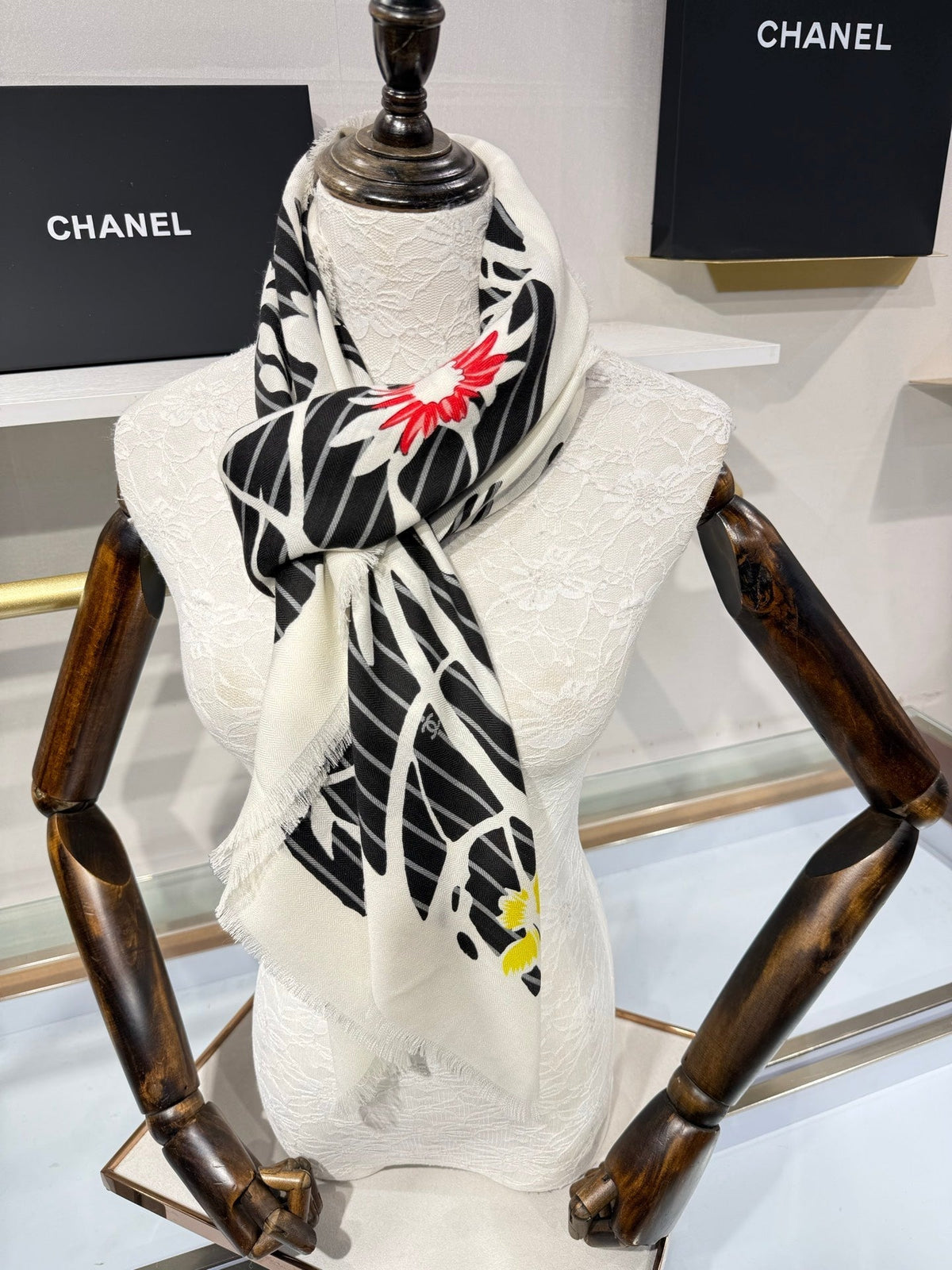 Chanel 2026 Floral Square Scarf 140cm Black Cashmere Silk 218856