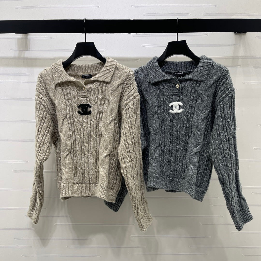 CC 26FW Cable-Knit Polo Sweater Double C Logo Patch Wool 274021