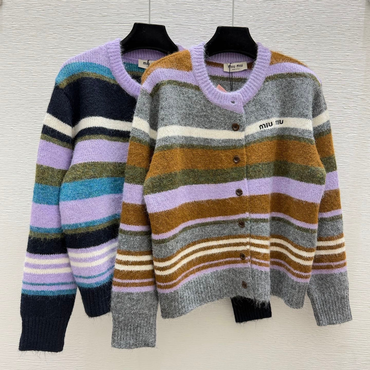Miu 26FW Striped Knit Cardigan Round Neck Button-Front Multi-Color Wool 313340