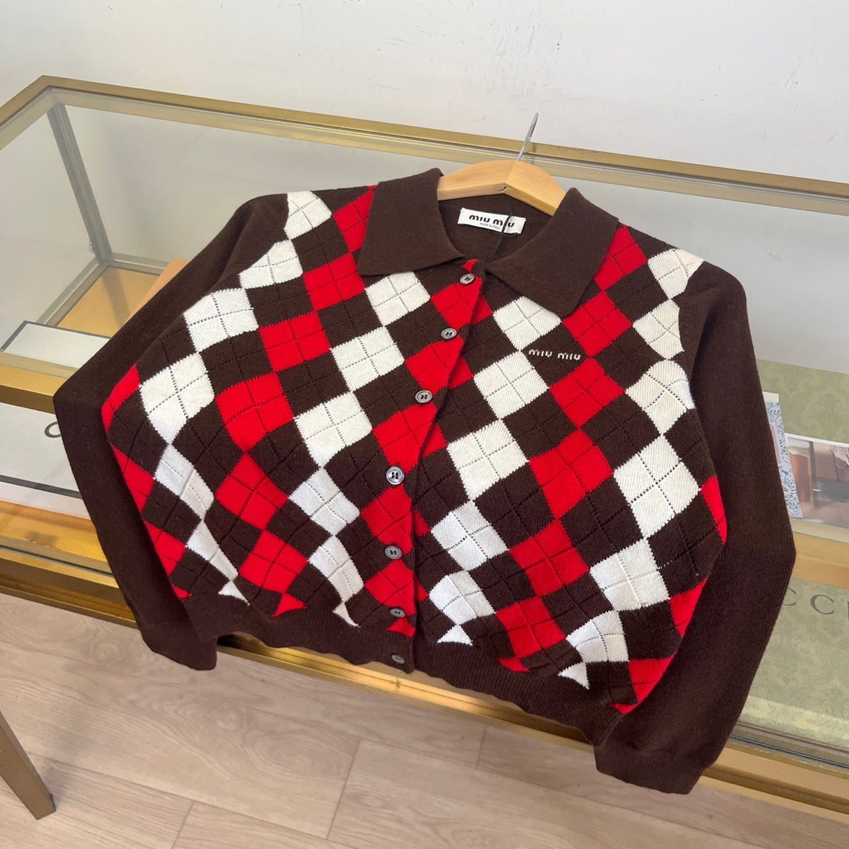 Miumiu 2026 Argyle Pattern Cardigan Dark Brown Cashmere 435392