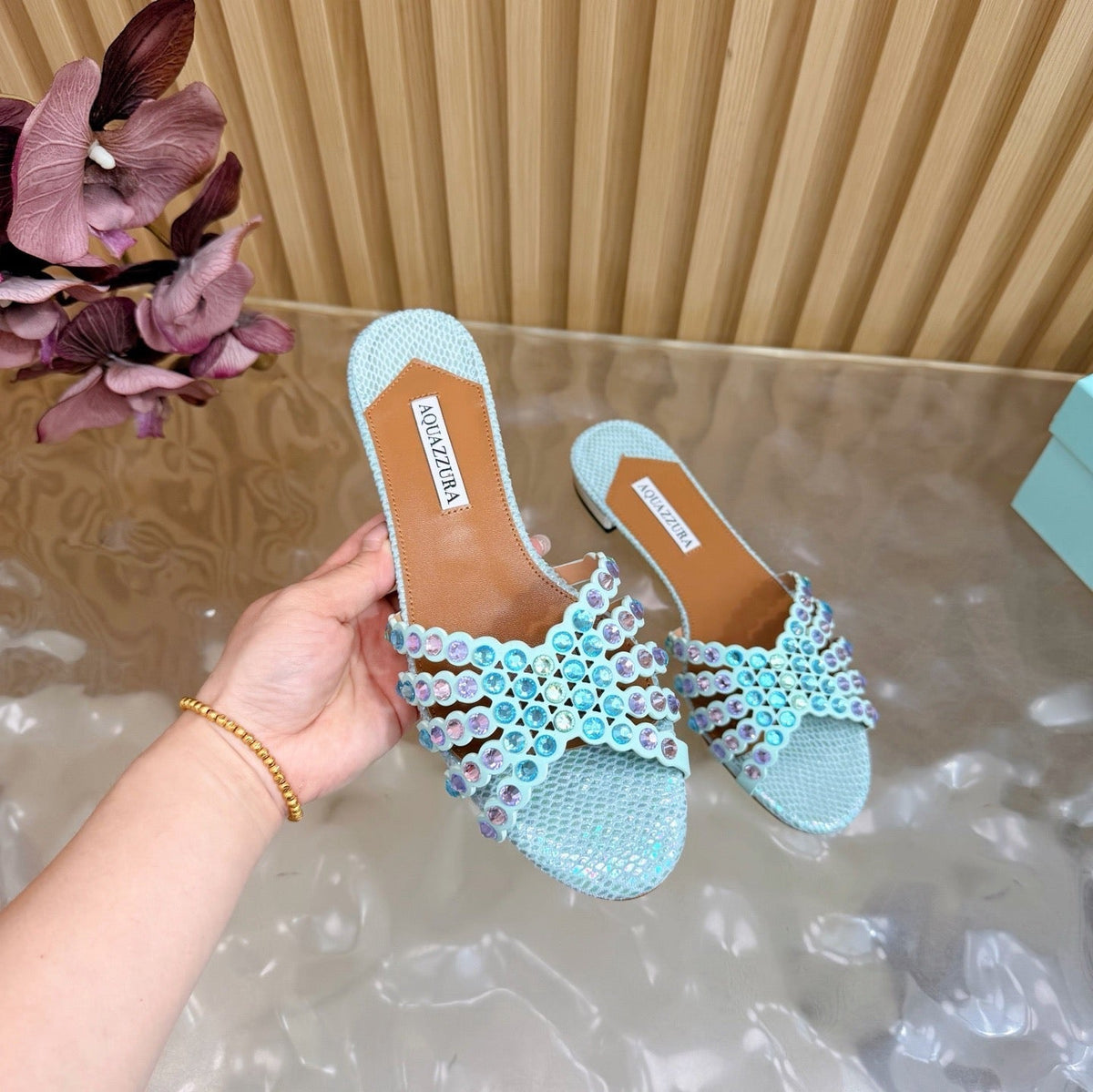 Aquazzura 26s Slides Light Blue Snakeskin Embossed Leather 482015