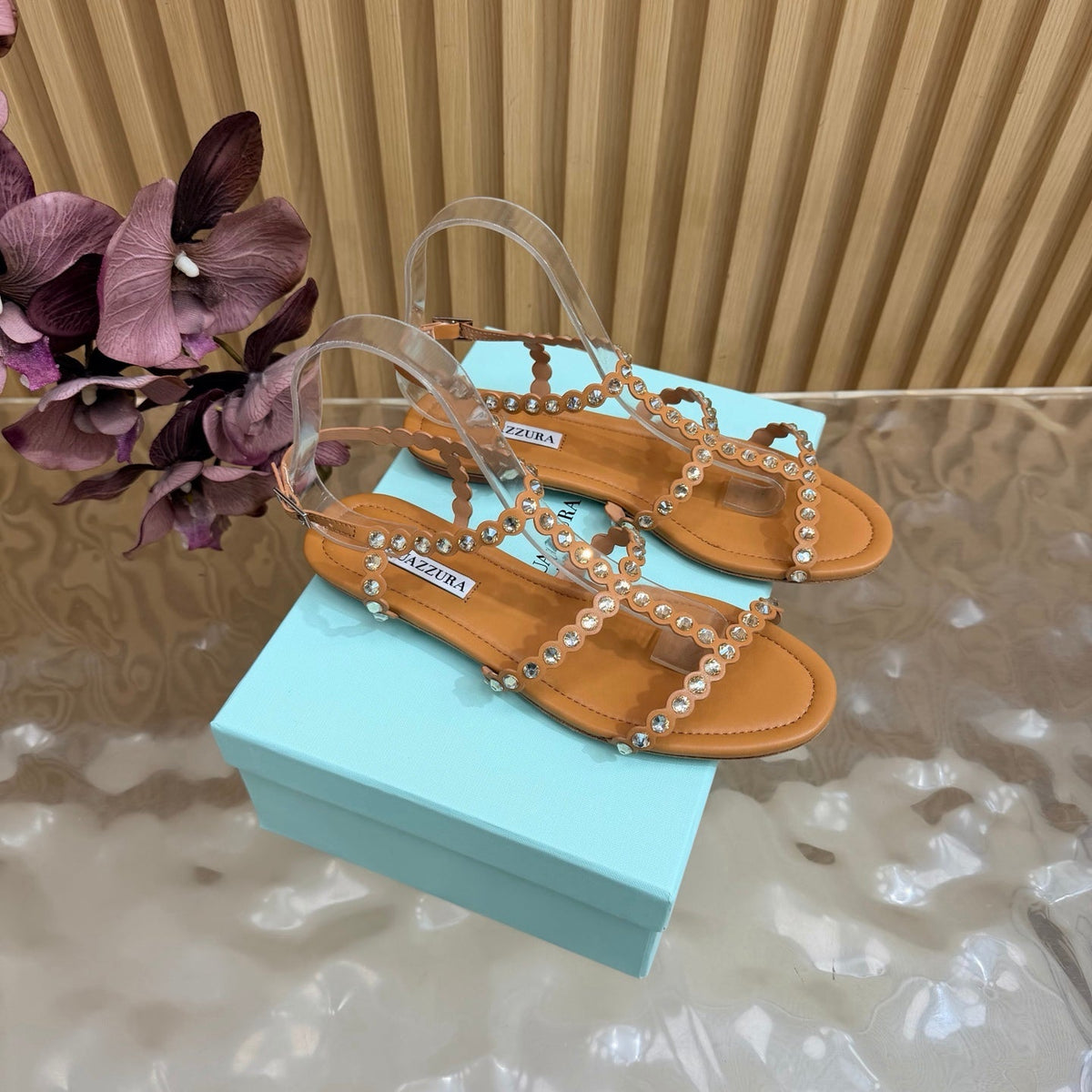 Aquazzura 26s Flat Sandals Light Brown Calfskin Crystal Embellished 481057